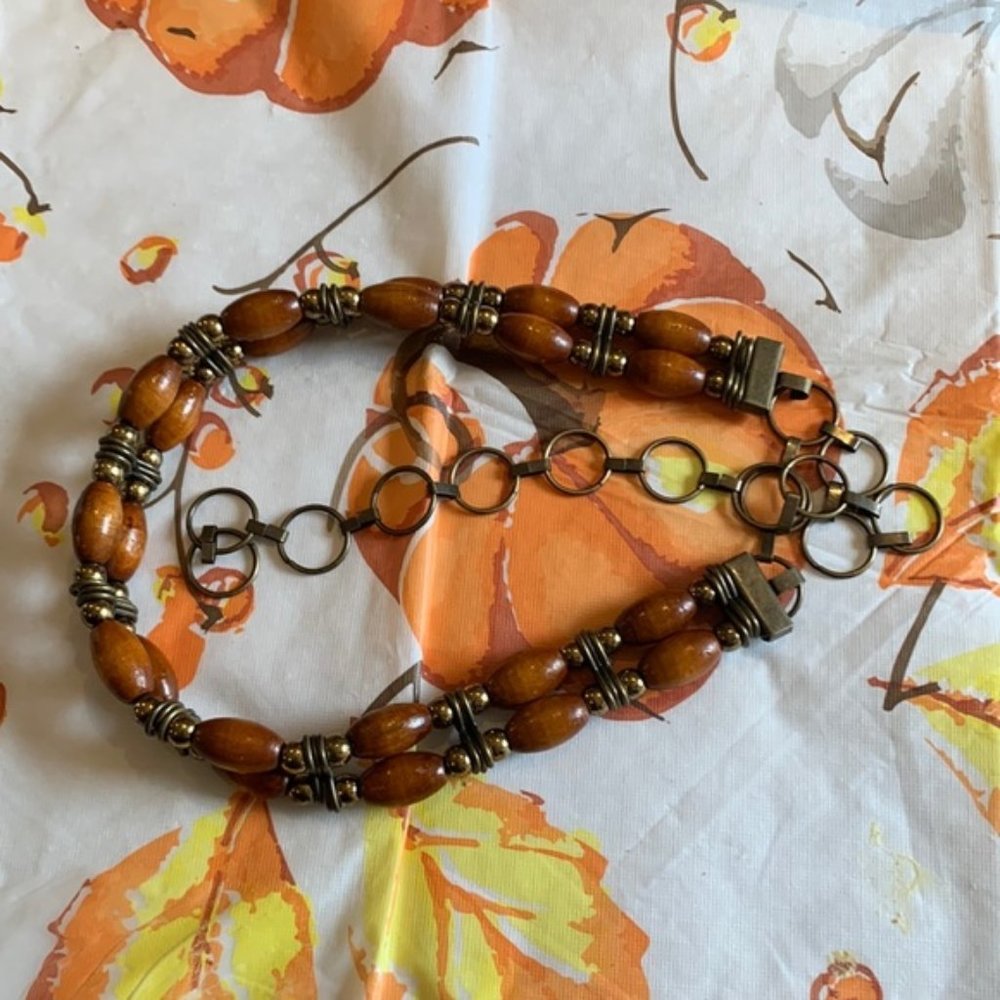 Vintage Wooden Bead & Metal Chain Belt 1970s